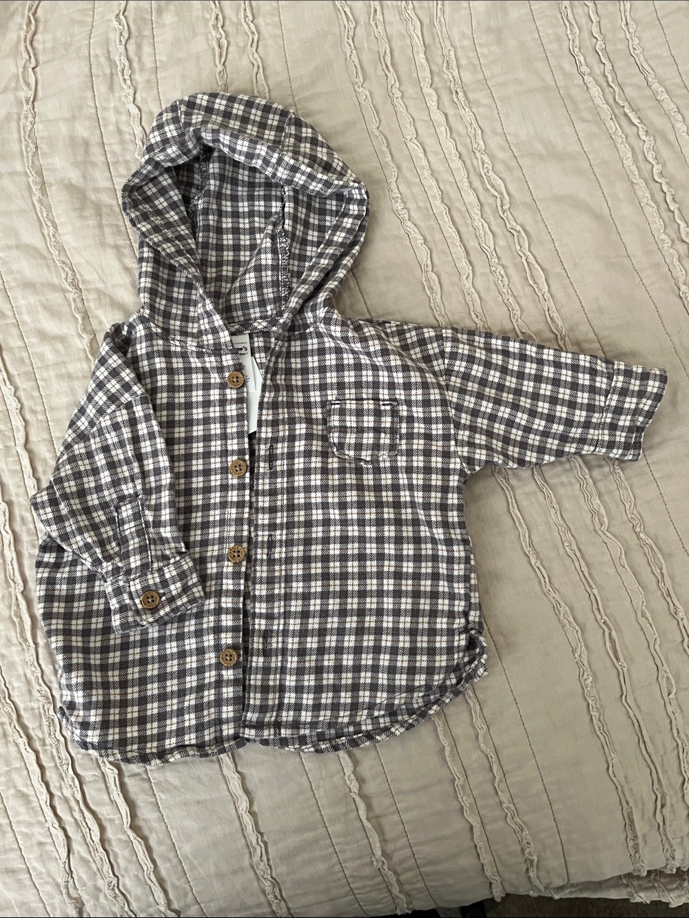 0-3 T Carter's Black and White Plaid Hooded Button-Up